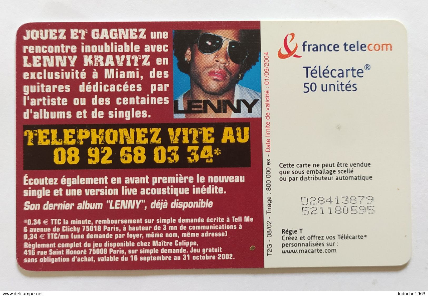 Télécarte France - Lenny Kravitz - Unclassified