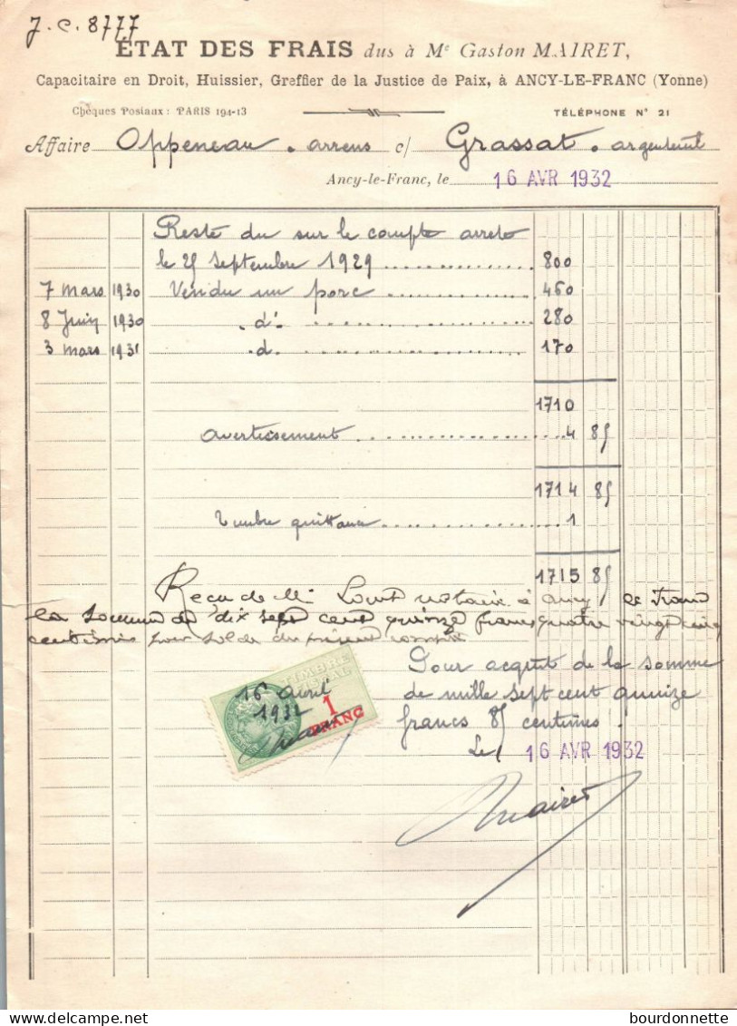 TIMBRES FISCAUX Sur Documents LA FRANCE  1932 ANCY LE FRANC ARGENTEUIL - Briefe U. Dokumente