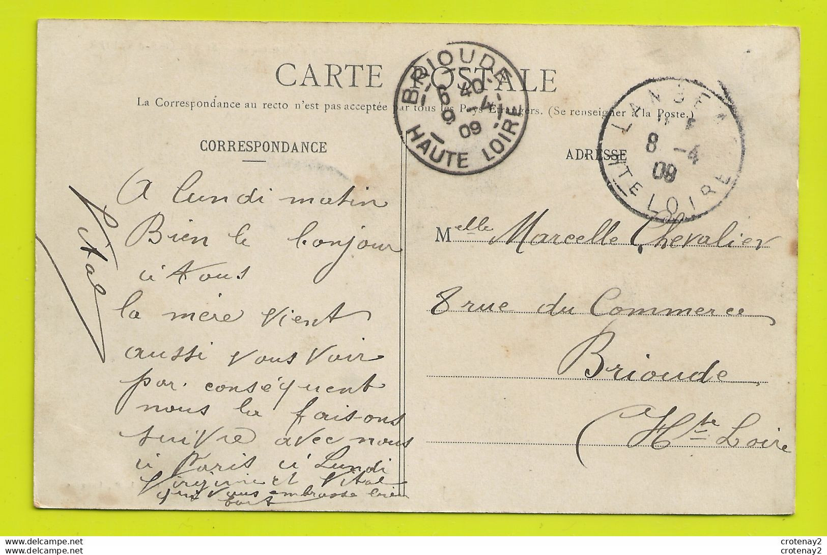 43 SAINT ARCONS D'ALLIER Vers Langeac En 1909 Beau Pont La Haute Loire Pittoresque VOIR DOS - Langeac