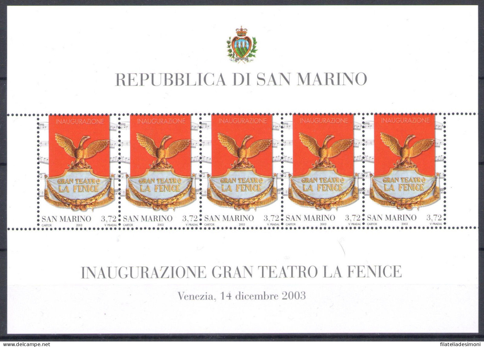 2003 San Marino, Foglietto La Fenice, 5 Valori Nuovo, BF 82 - MNH** - Blocks & Kleinbögen