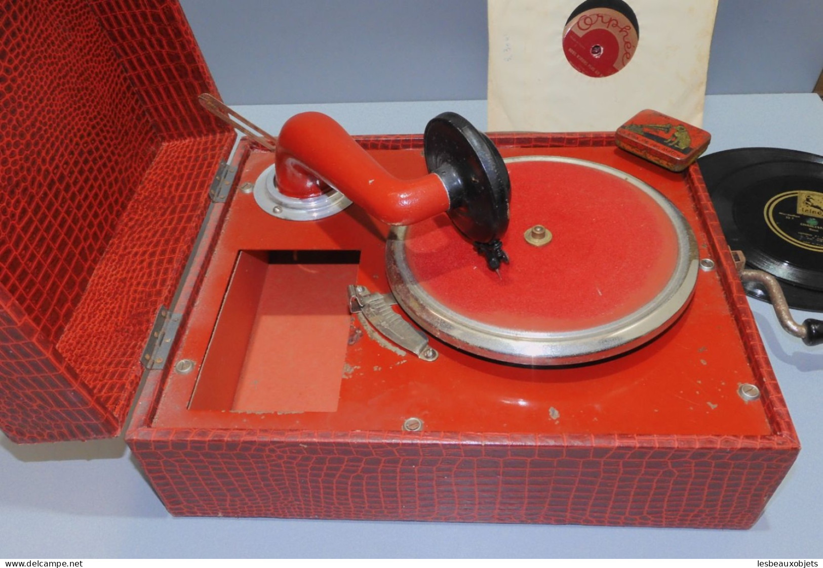 -GRAMOPHONE ORPHEE 1935 JOUET pour ENFANTS avec 7 Disques + Boite aiguilles   E