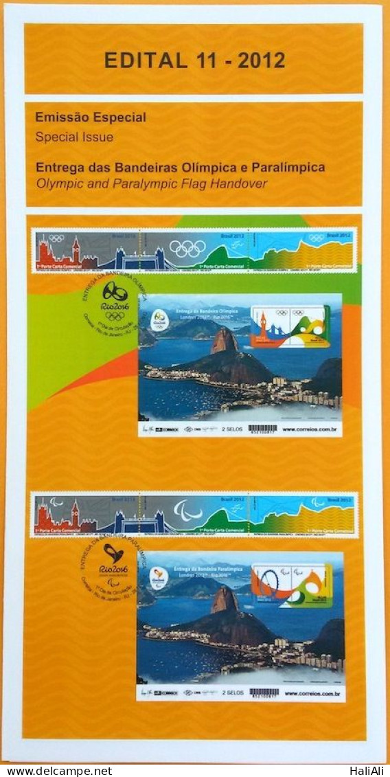 Brochure Brazil Edital 2012 11 Olympic Games Olympic And Paralympic Flag Without Stamp - Covers & Documents