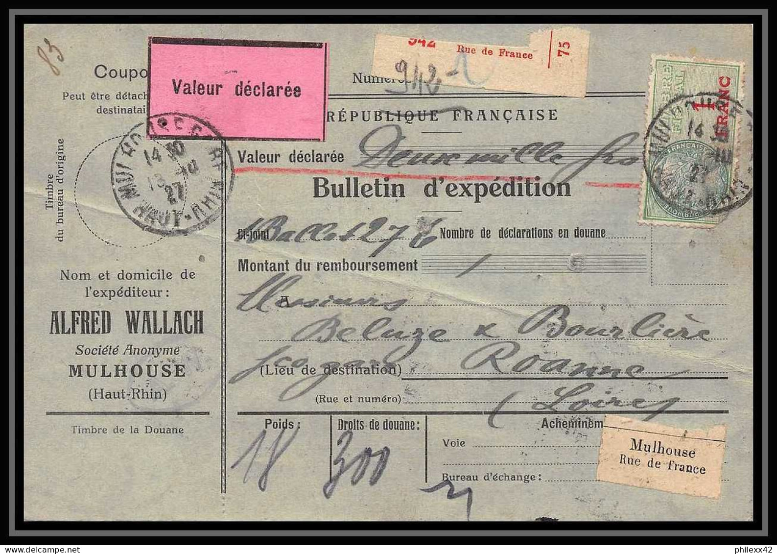 25317/ Bulletin D'expédition France Colis Postaux Fiscal Haut Rhin Mulhouse P Roanne Loire 1927 Merson 123 207 Fiscal  - Briefe U. Dokumente