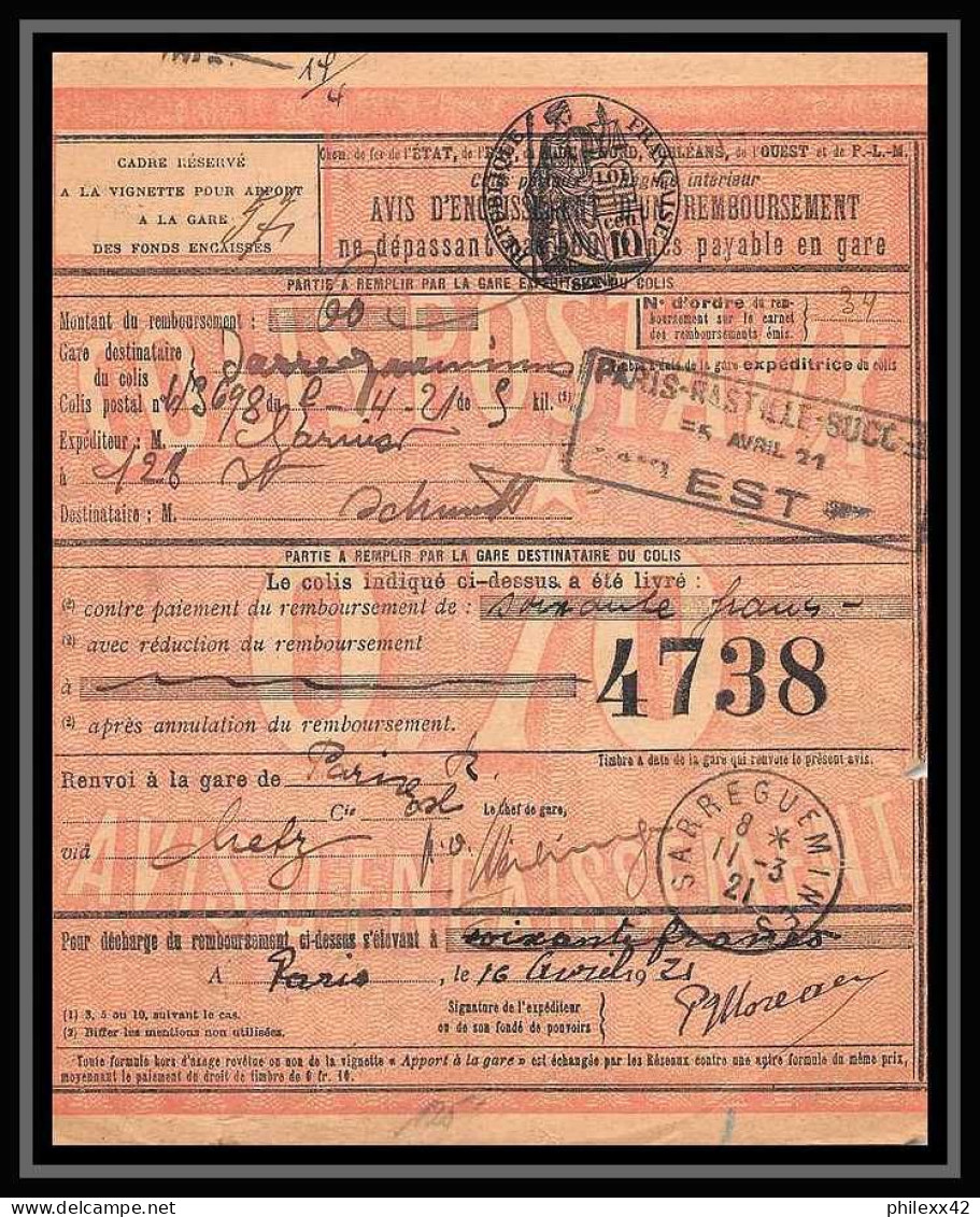 25300/ Bulletin D'expédition France Colis Postaux 1921 Sarreguemines Moselle N° 19 X2 + 50 - Cartas & Documentos