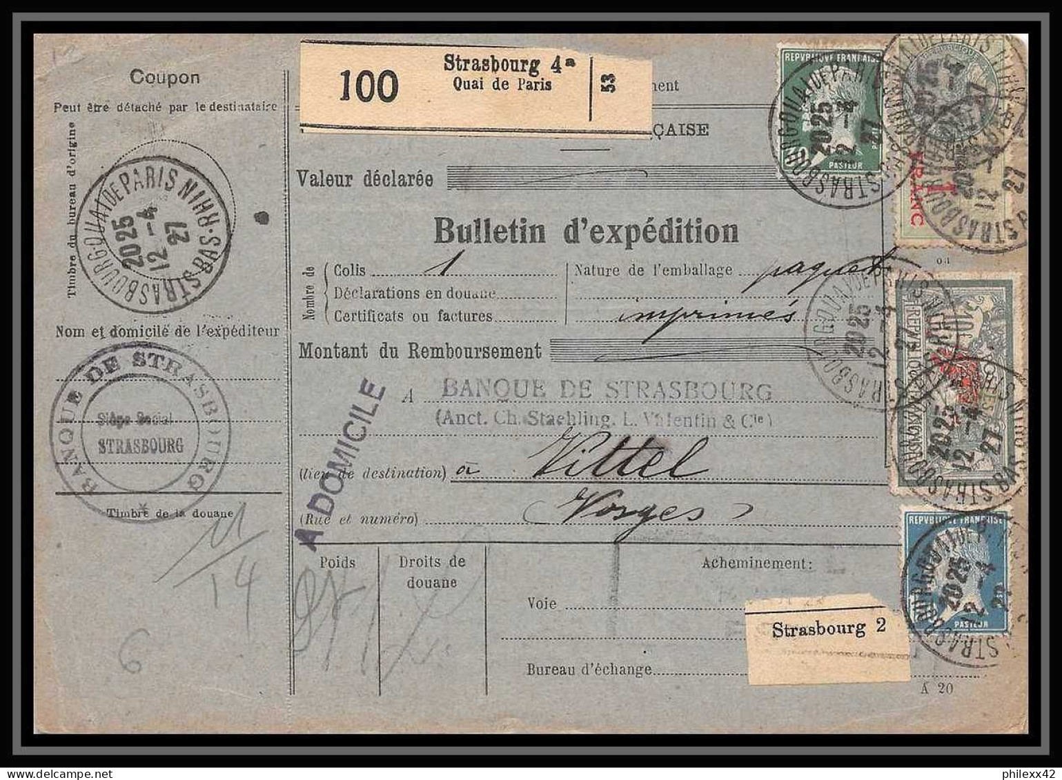 25200 Bulletin D'expédition France Colis Postaux Fiscal Bas-Rhin Strasbourg 1927 Vittell Vosges Merson N° 207 A DOMICILE - Covers & Documents