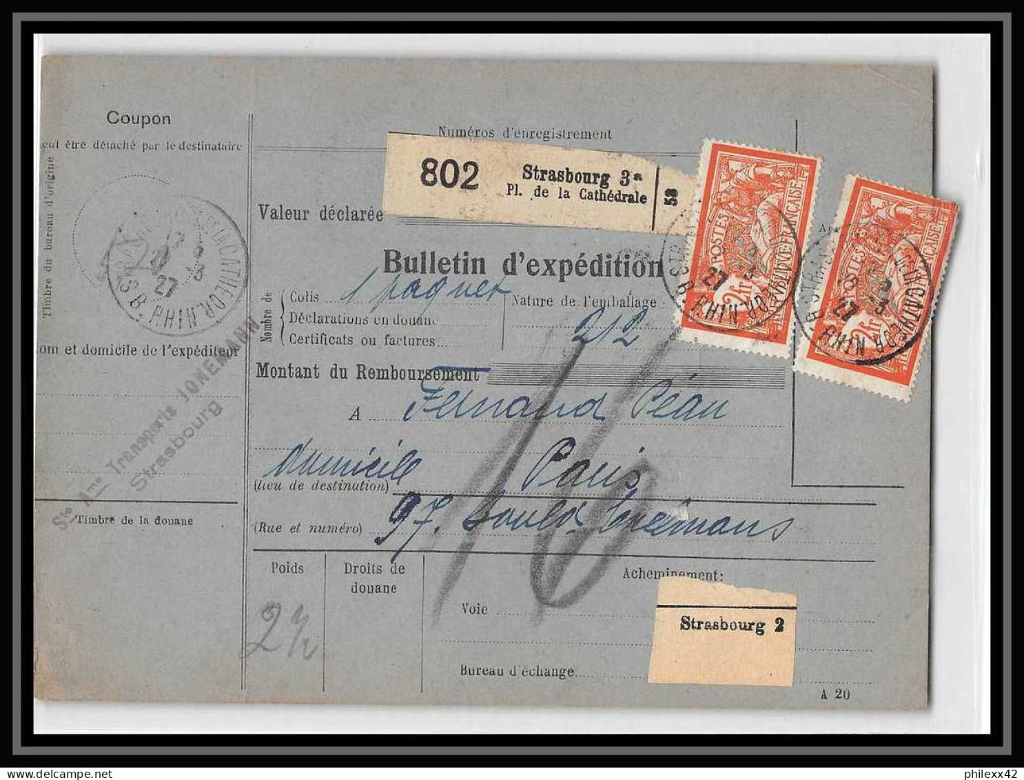 25024 Bulletin D'expédition France Colis Postaux Fiscal Haut Rhin - 1927 Strasbourg Merson 145 Alsace-Lorraine  - Brieven & Documenten