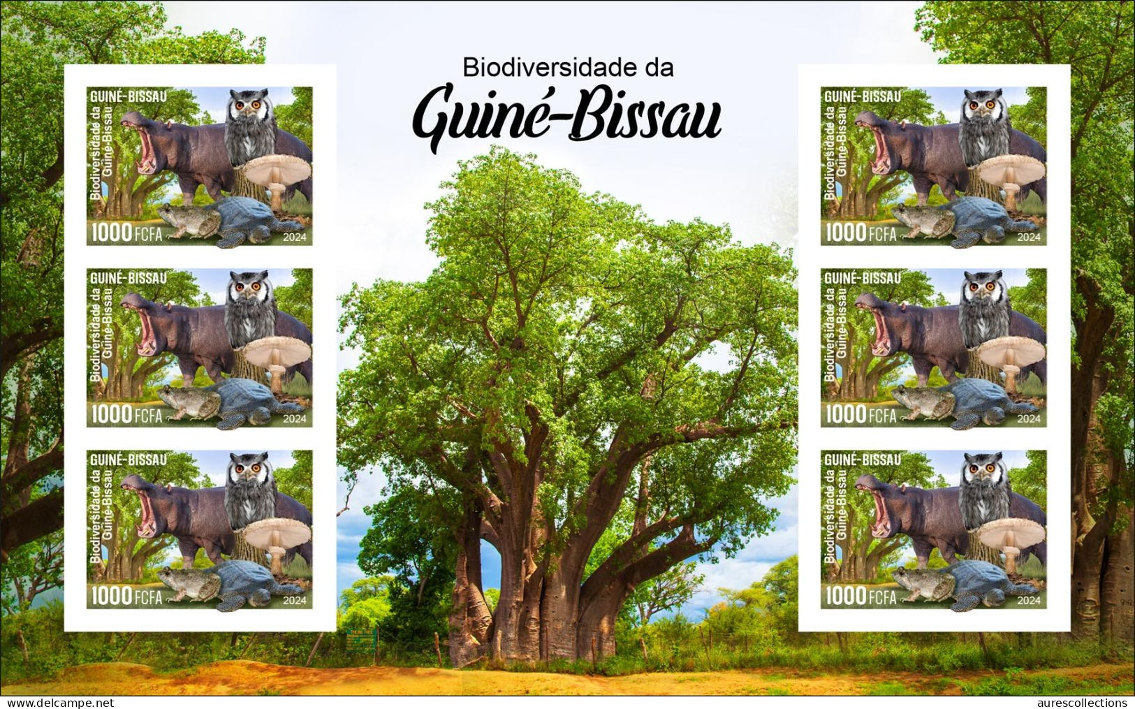 GUINEA BISSAU 2024 IMPERF MS 6V - REG & OVERPRINT - MUSHROOMS OWL OWLS FROG FROGS TURTLE TURTLES HIPPOPOTAMUS BAOBAB MNH - Grenouilles