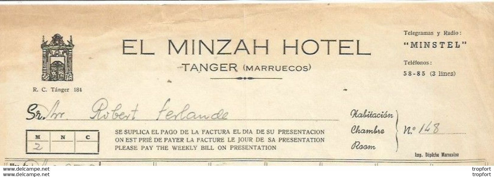 Old Invoice / Lettre Facture Ancienne 1942 EL MINZAH HOTEL Tanger Marruecos MAROC - Other & Unclassified