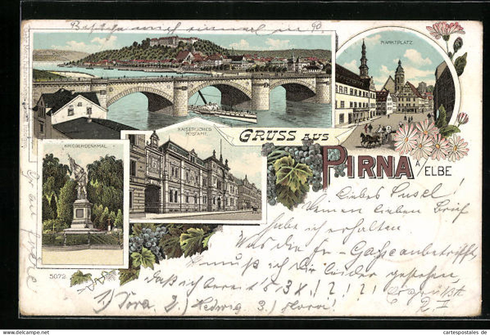 Lithographie Pirna /Elbe, Sonnenstein, Ansicht Mit Elbbrücke, Kriegerdenkmal, Postamt  - Pirna