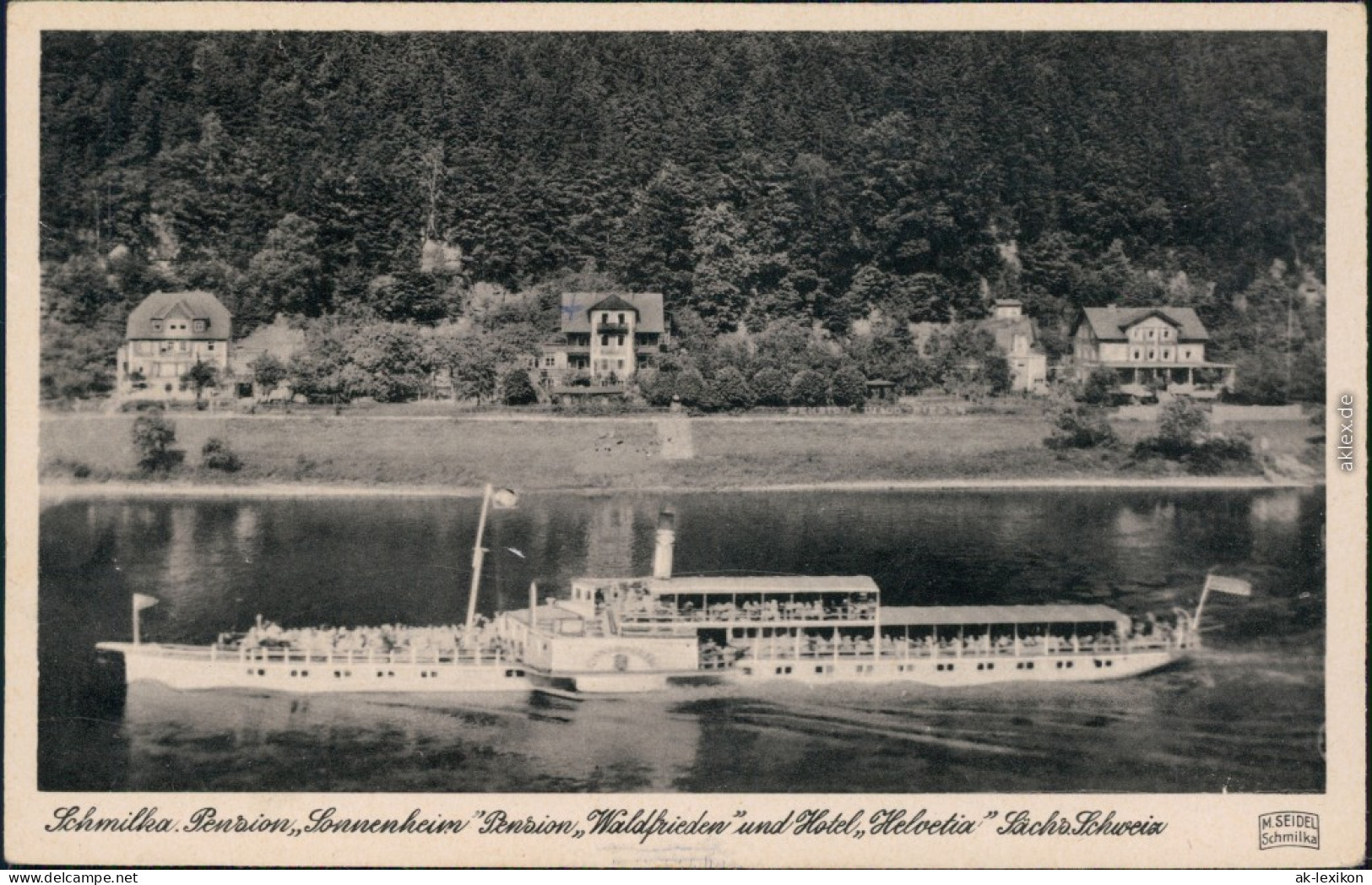 Schmilka Schauffelraddampfer, Pension Waldfrieden Hotel Helvetia 1938  - Schmilka