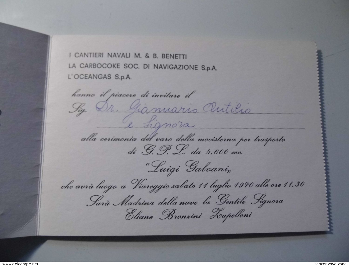 Biglietto Invito "VARO M/c LUIGI GALVANI Cantieri Navali M. & B. Benetti Viareggio 11 Luglio 1970" - Autres & Non Classés