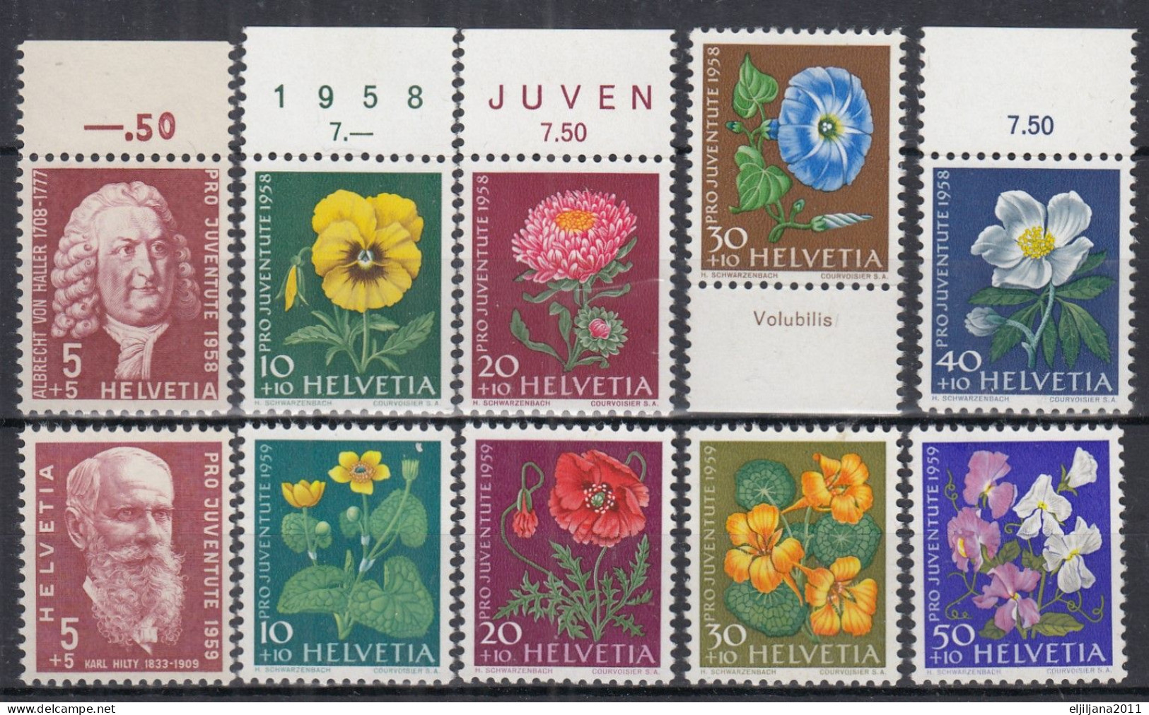 Switzerland / Helvetia / Schweiz / Suisse 1958 & 1959 ⁕ Pro Juventute Mi.663-667 & Mi.687-690 ⁕ 10v MNH - Ungebraucht