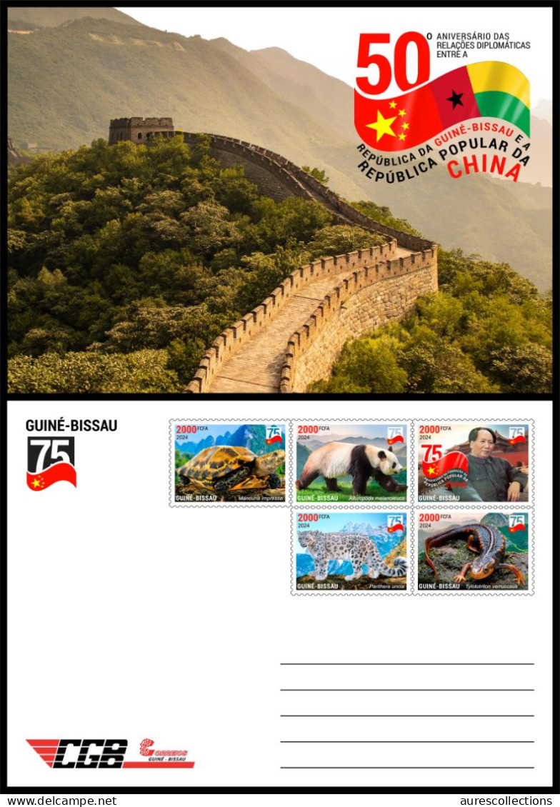 GUINEA BISSAU 2024 STATIONERY CARD 5V - CHINA DIPLOMATIC RELATIONS - MAO ZEDONG TSE TUNG TURTLES SNOW LEOPARD NEWT PANDA - Schildpadden