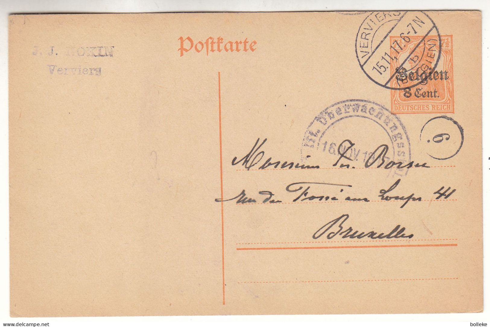 Belgique - Carte Postale De 1917 - Entier Postal - Oblit Verviers - Exp Vers Bruxelles - Avec Censure - - OC26/37 Etappengebied.