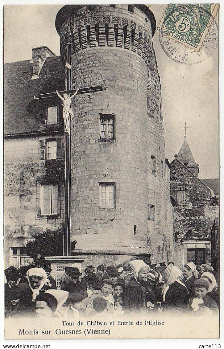 86 - B348CPA - MONTS SUR GUESNES - Tour Du Château Et Entrée De L'église - Parfait état - VIENNE - Monts Sur Guesnes