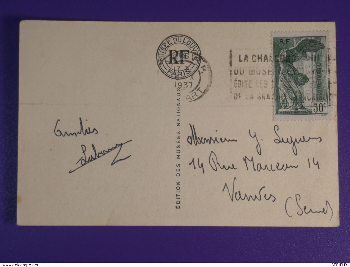 DN8 FRANCE  CARTE  1937  PARIS LOUVRE   A  VANVES   + DIANE   + AFF.  PAS COURANT ++ - Lettres & Documents