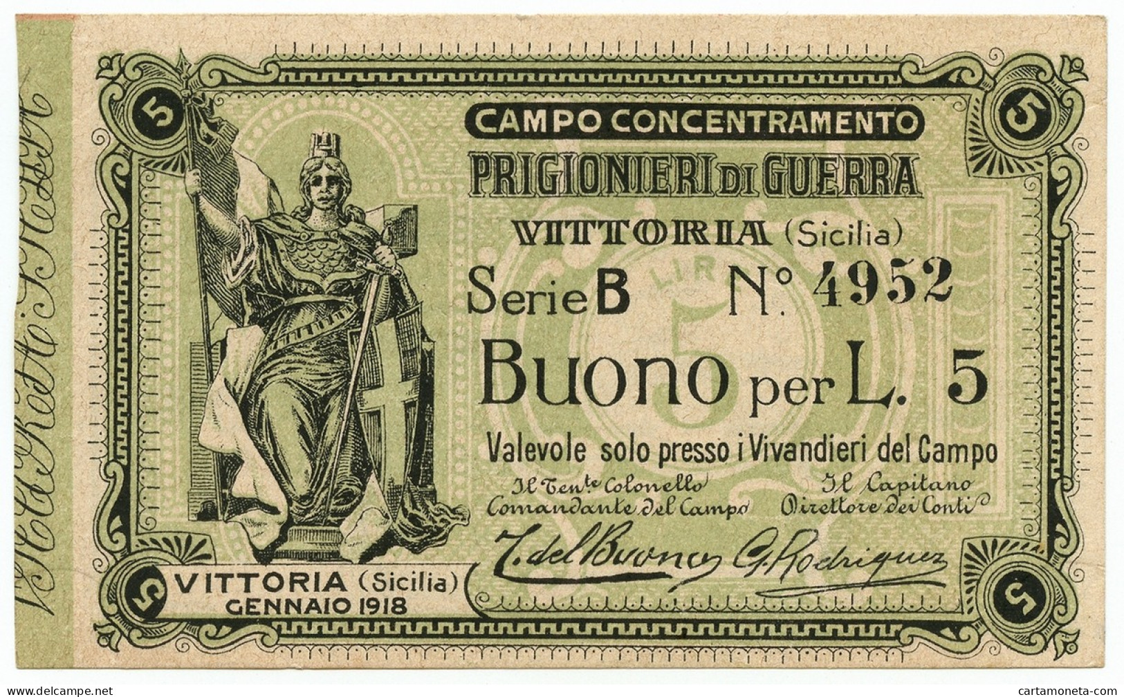 5 LIRE CAMPO CONCENTRAMENTO PRIGIONIERI DI GUERRA WWI VITTORIA GENNAIO 1918 SUP - Sonstige & Ohne Zuordnung