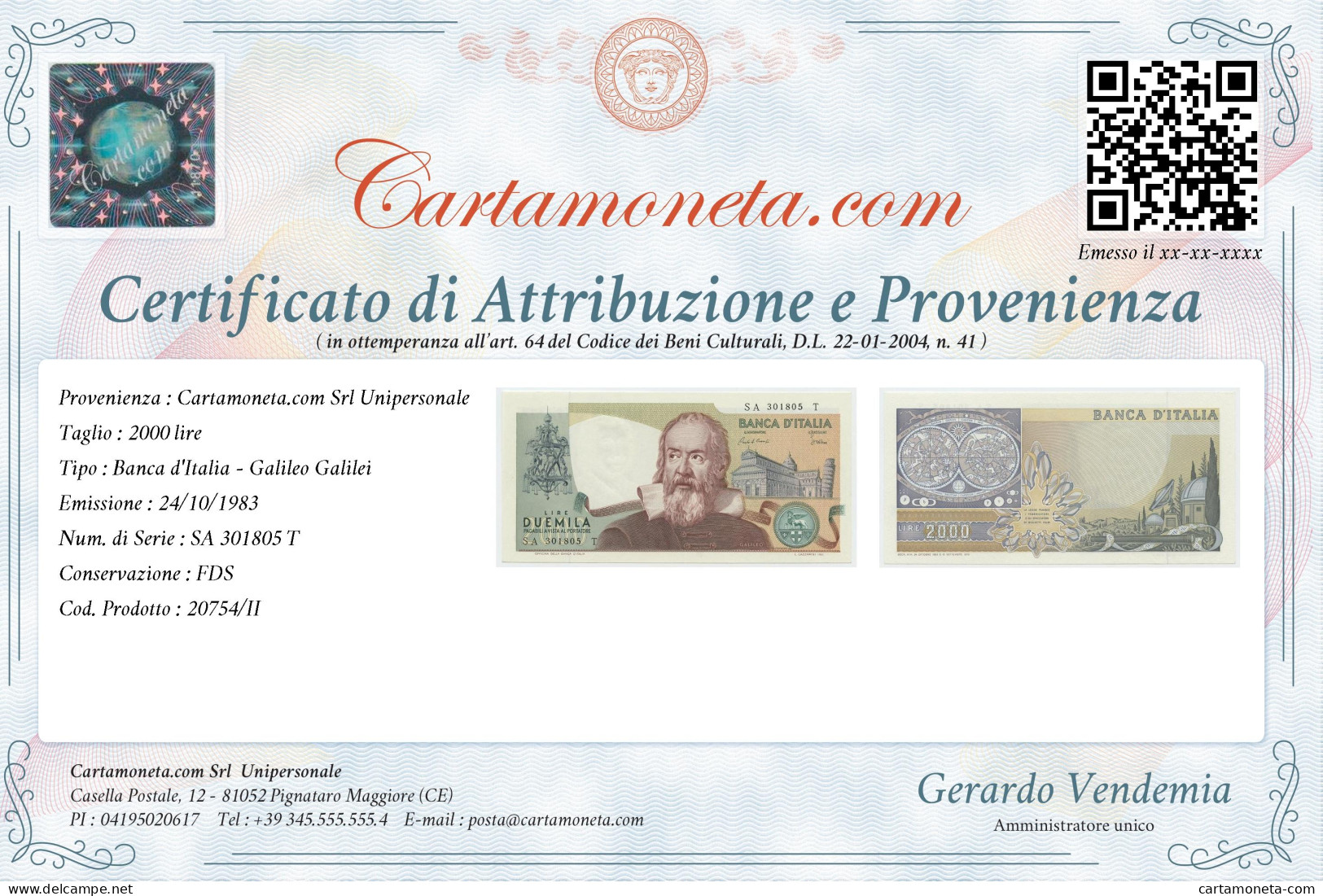 2000 LIRE BANCA D'ITALIA GALILEO GALILEI 24/10/1983 FDS - Andere & Zonder Classificatie