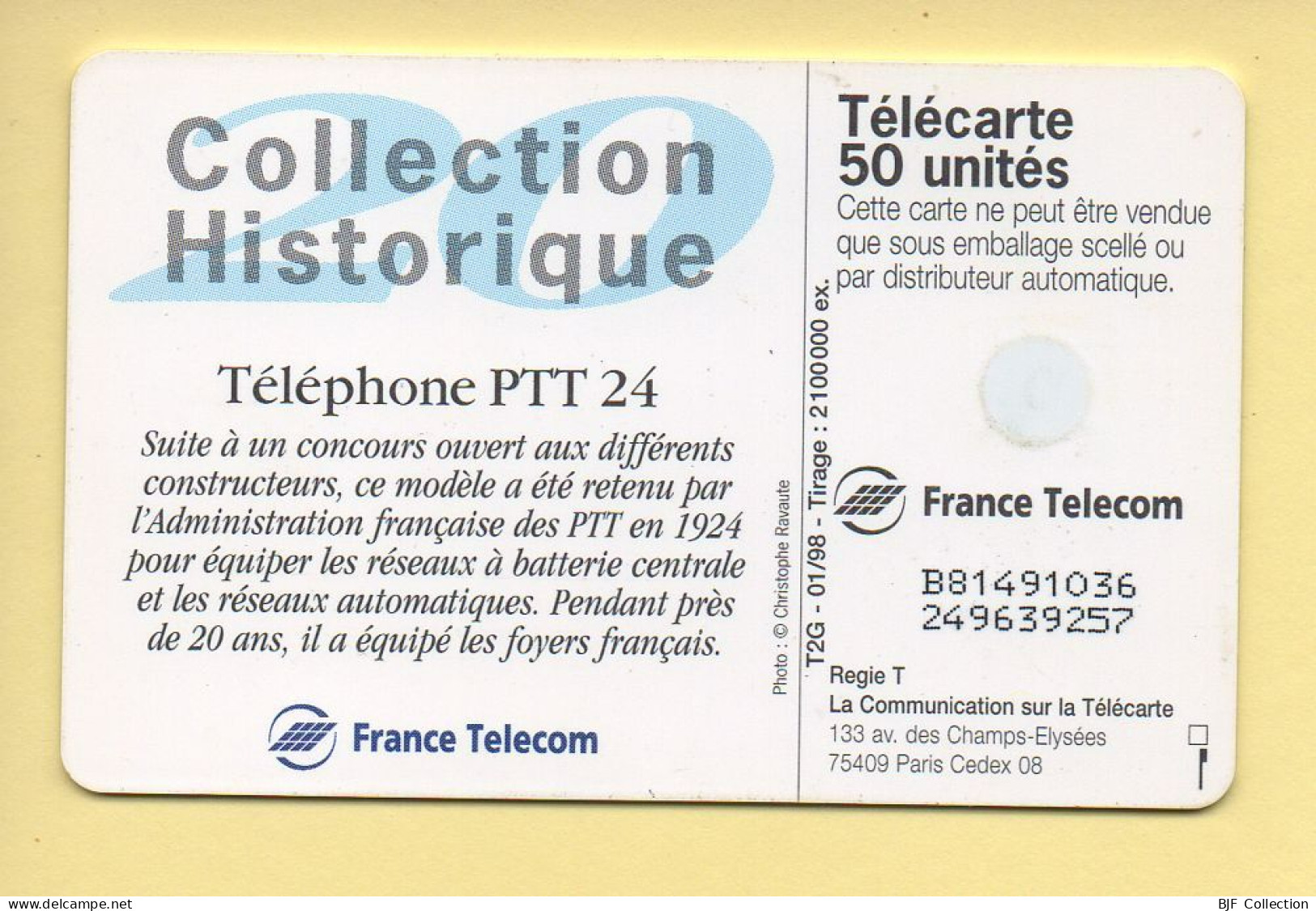 Télécarte 1998 : Téléphone PTT 24 / 50 Unités (voir Puce Et Numéro Au Dos) - Telephones