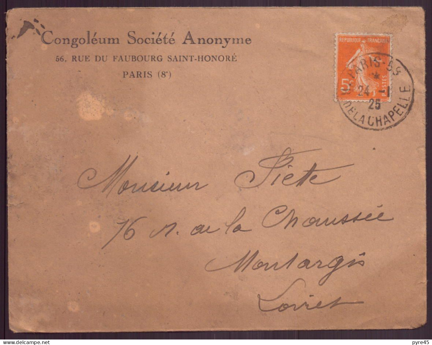 France, Enveloppe à En-tête " Congoléum SA " Paris Pour Montargis, 24 Janvier 1925 - Other & Unclassified