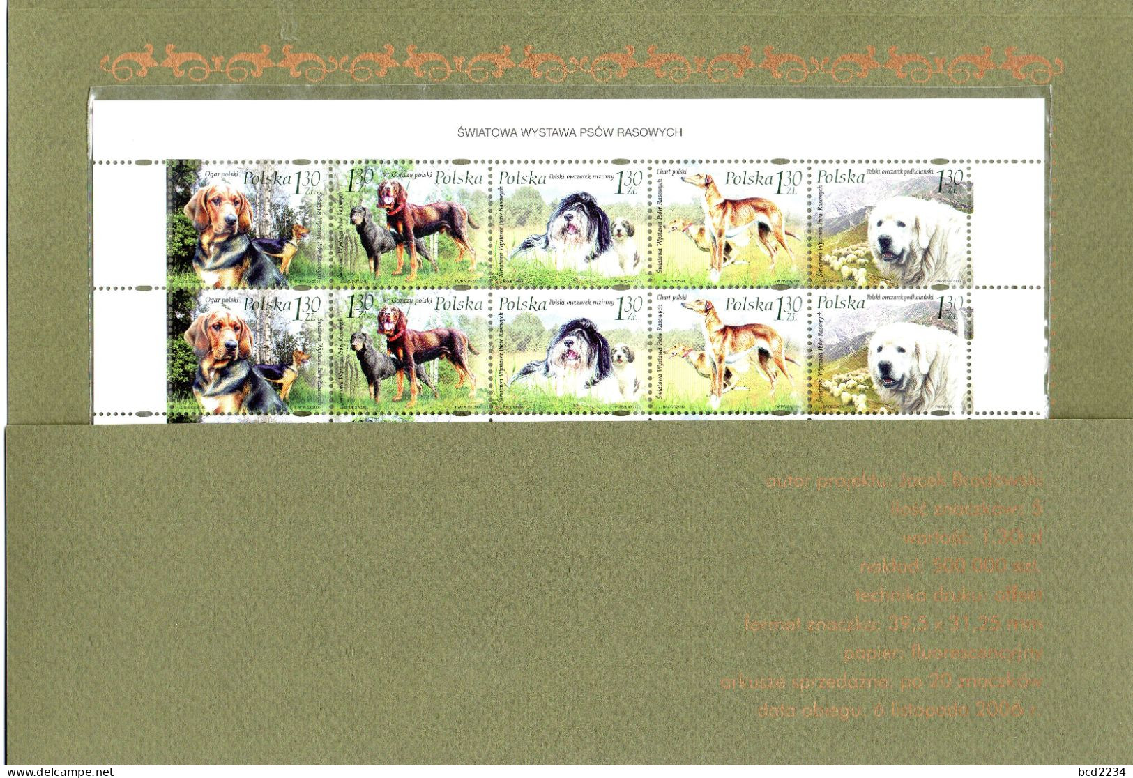 POLAND 2006 RARE POLISH POST OFFICE LIMITED EDITION FOLDER: SHEET OF 20 STAMPS OF WORLD EXHIBITION SHOW PEDIGREE DOGS - Covers & Documents