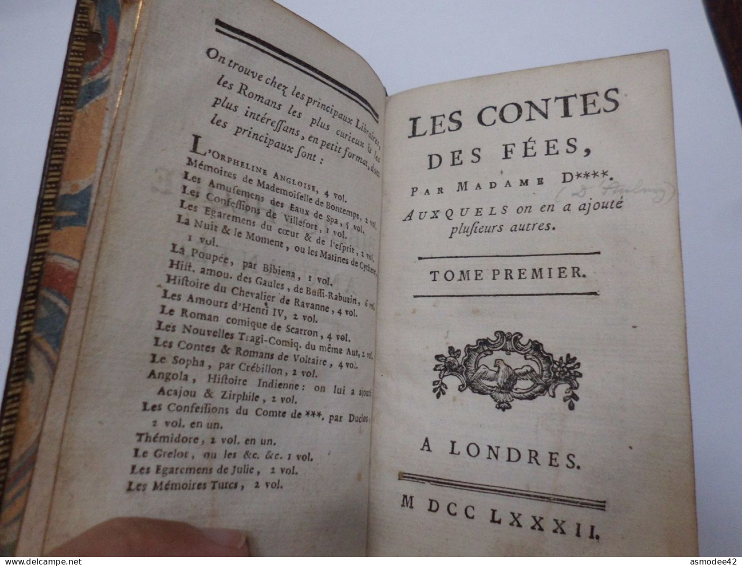 LES CONTES DES FEES PAR MADAME D AULNOY 1782  LONDRES   TOME 1 SEUL  LIVRE ANCIEN XVIIIème  DIM 12,5 X 7,5cm - 1701-1800