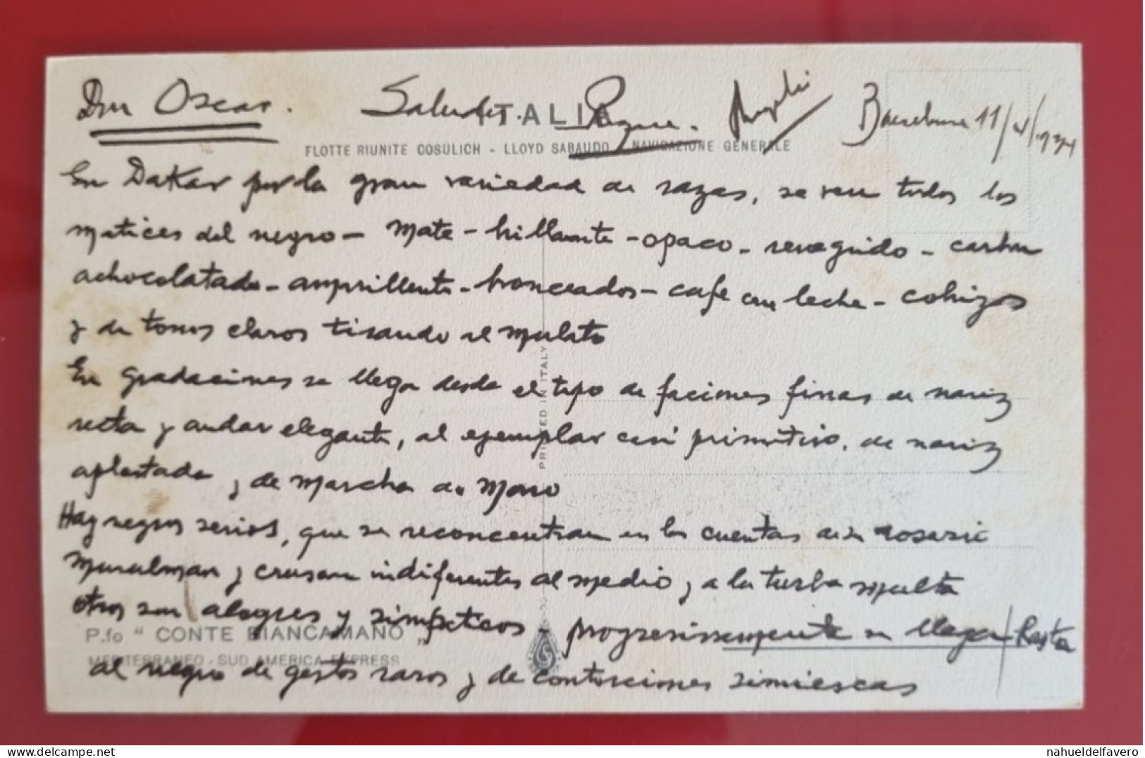 CARTE POSTALE CIRCULÉE À BARCELONA, SANS TIMBRE 1934 - P.fo "CONTE BIANCAMANO", Mediterraneo, Sud America Express - Houseboats