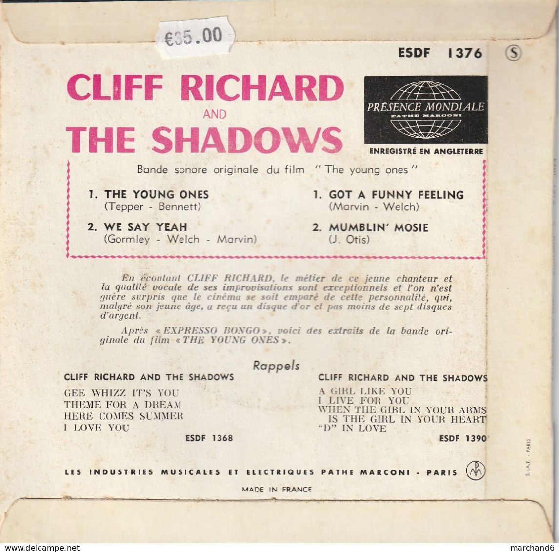 Cliff Richard And The Shadows Columbia Esdf 1376 The Young Ones/we Say Yeah/got A Funny Feeling/mumblin Mosie - Sonstige - Englische Musik