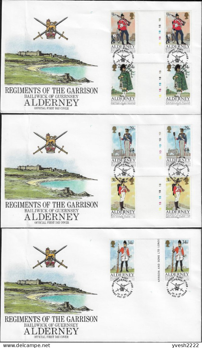 Aurigny Alderney 1985 Y&T 23 à 27 En Paires Interpanneaux Gutter Pairs. Costumes Militaires D'unités Présentes Sur L'île - Textile