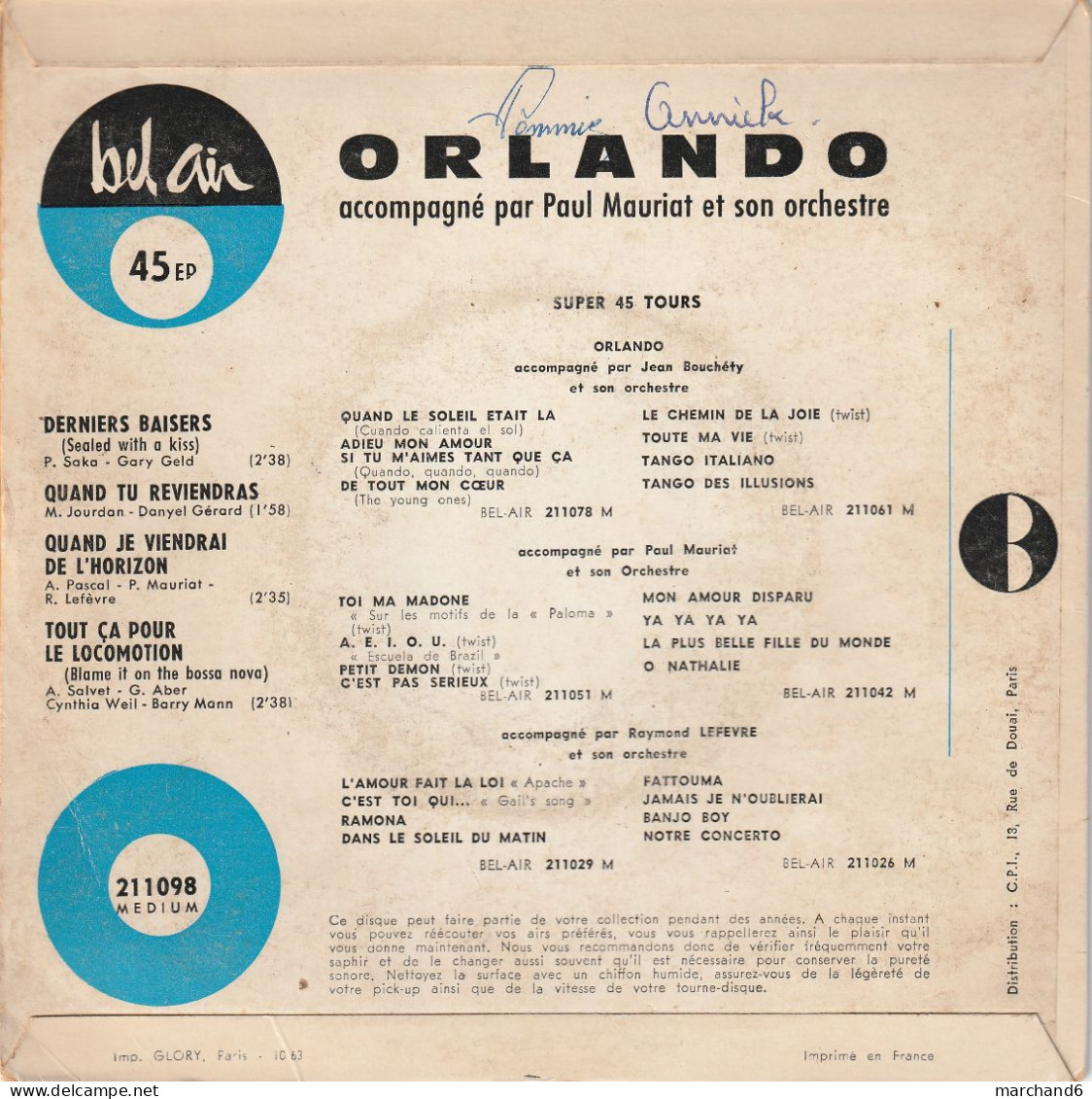 Orlando Bel Air 211 098 10/63 Derniers Baisers/quand Tu Reviendras/quand Je Viendrai De L Horizon/tout Ca Pour Le Locomo - Sonstige - Franz. Chansons