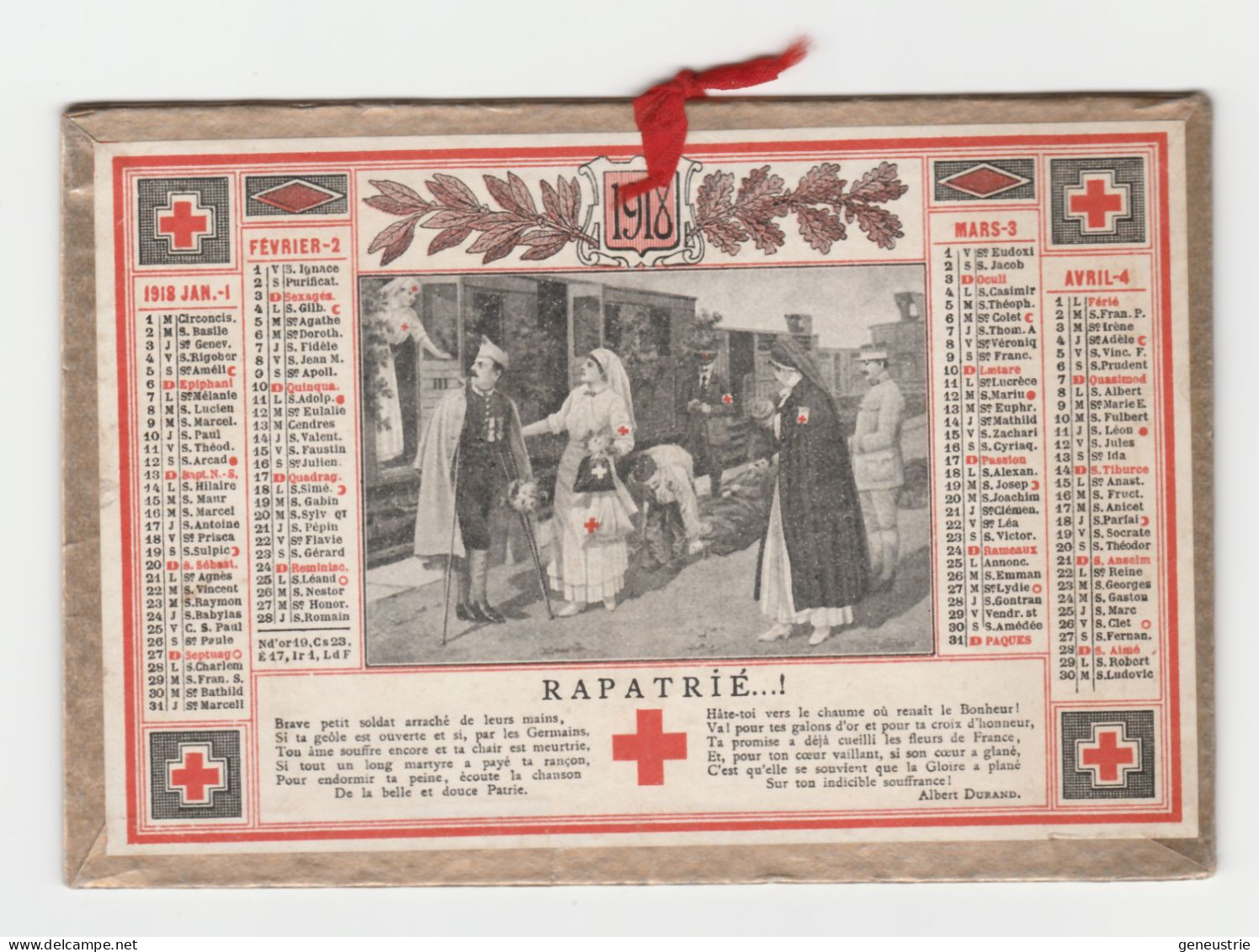 WWI Petit Calendrier 1918 "Société De Secours Aux Blessés Militaires" WW1 - Petit Format : 1901-20