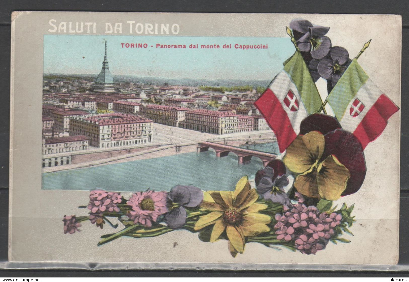 Torino - Saluti Da Torino - Panorama Dal Monte Dei Cappuccini Con Bandiere E Fiori - Mehransichten, Panoramakarten