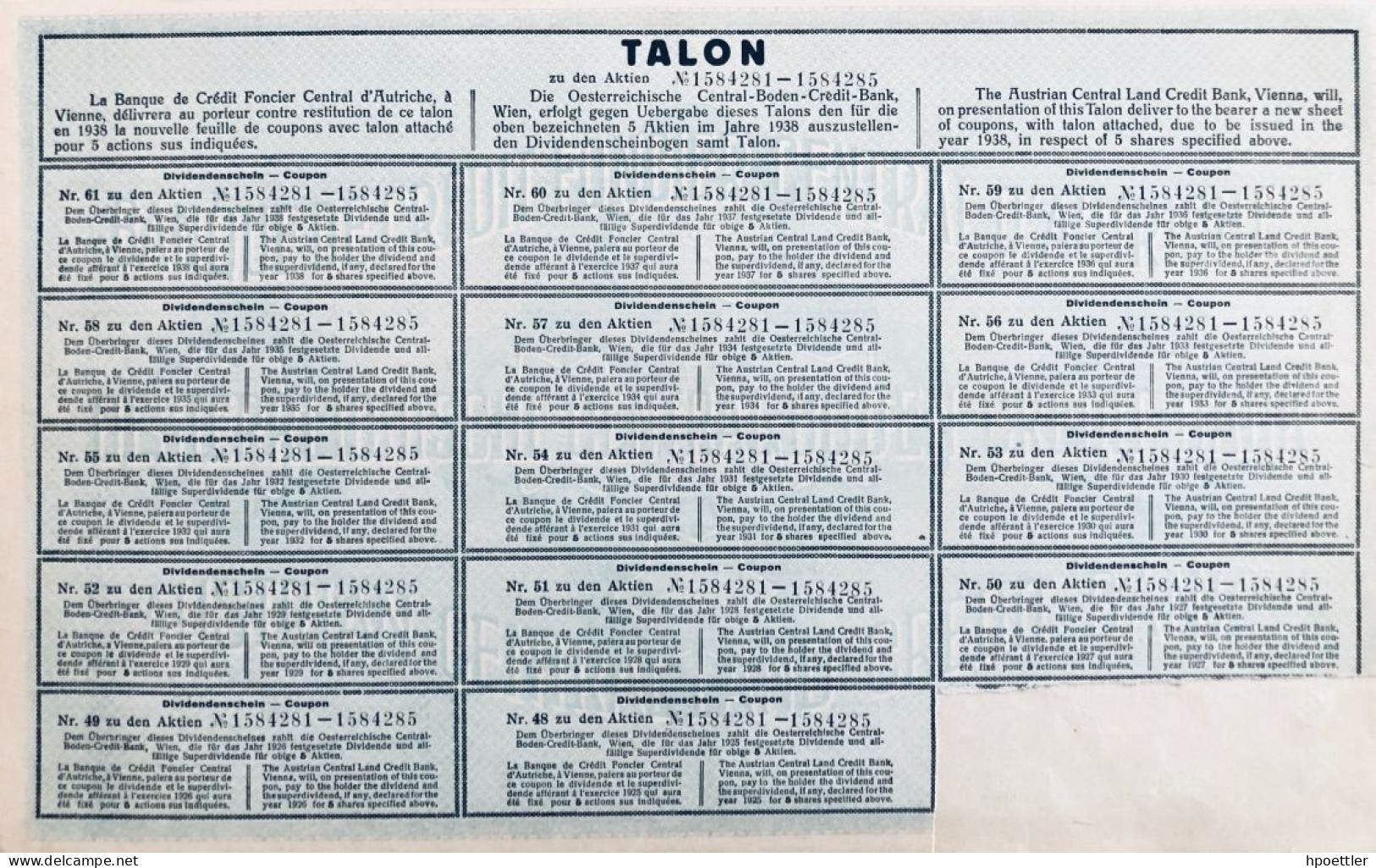 Vienne 1924: Banque De Credit Foncier Central D'Autriche - Cinq Actions  - V. Emission - Bank & Versicherung