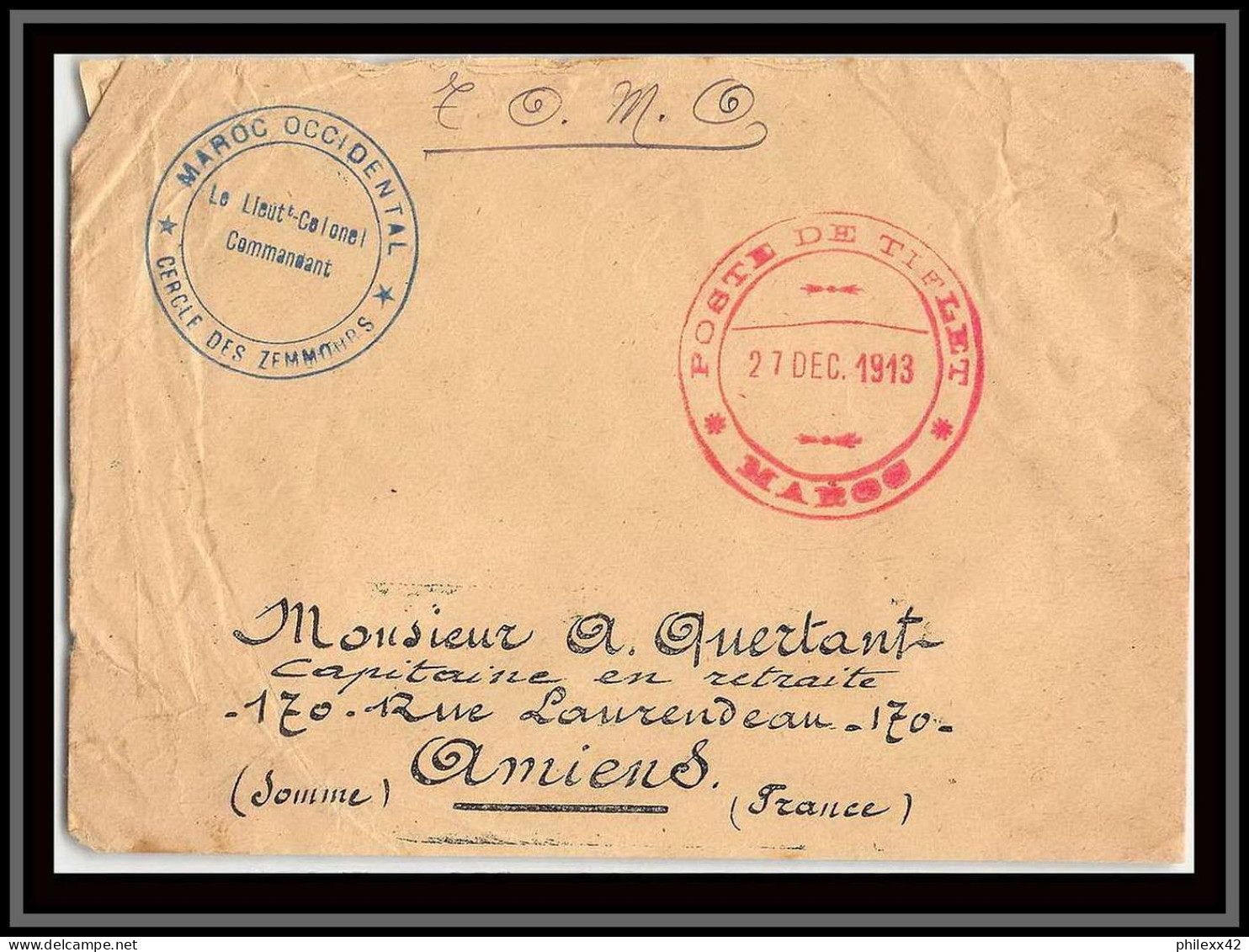 0957 Lot 2 1914/1918 Zemmours Commandant De Cercle Poste De Tiflet 1914 Lettre Cover Occupation Du Maroc - Sammlungen