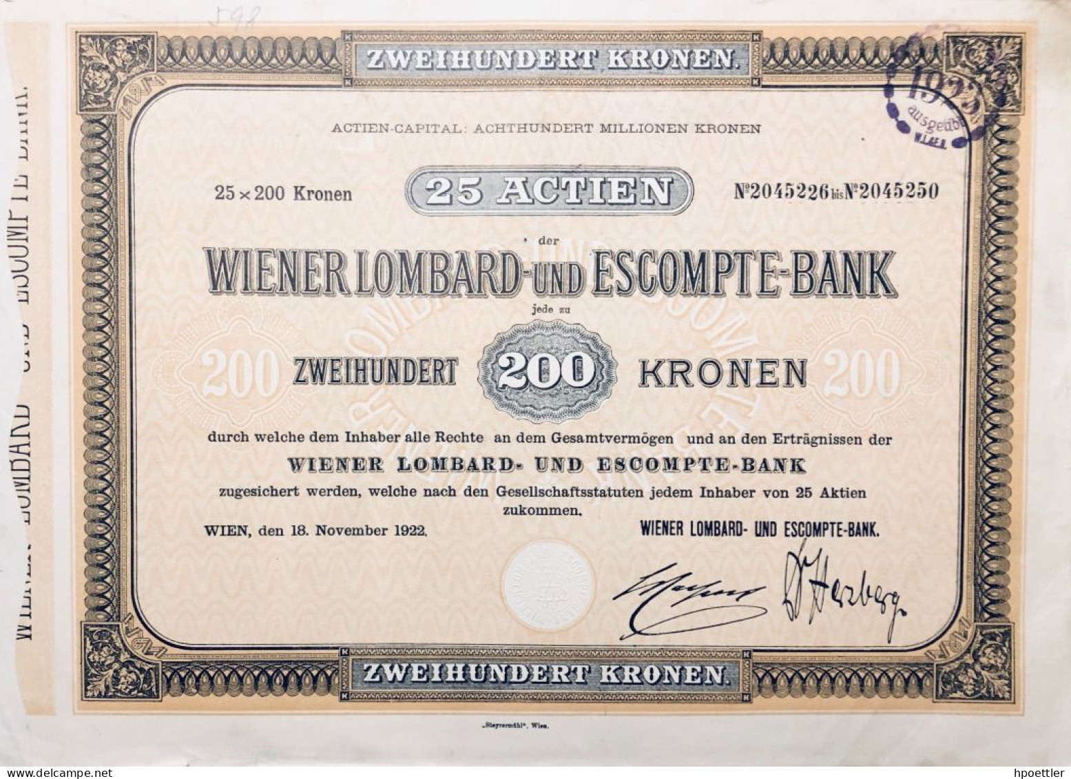 Vienne 1922: Vingt Cinq  Actions - Wiener Lombard- Und Escompte-Bank 5.000 Couronne - Bank & Versicherung