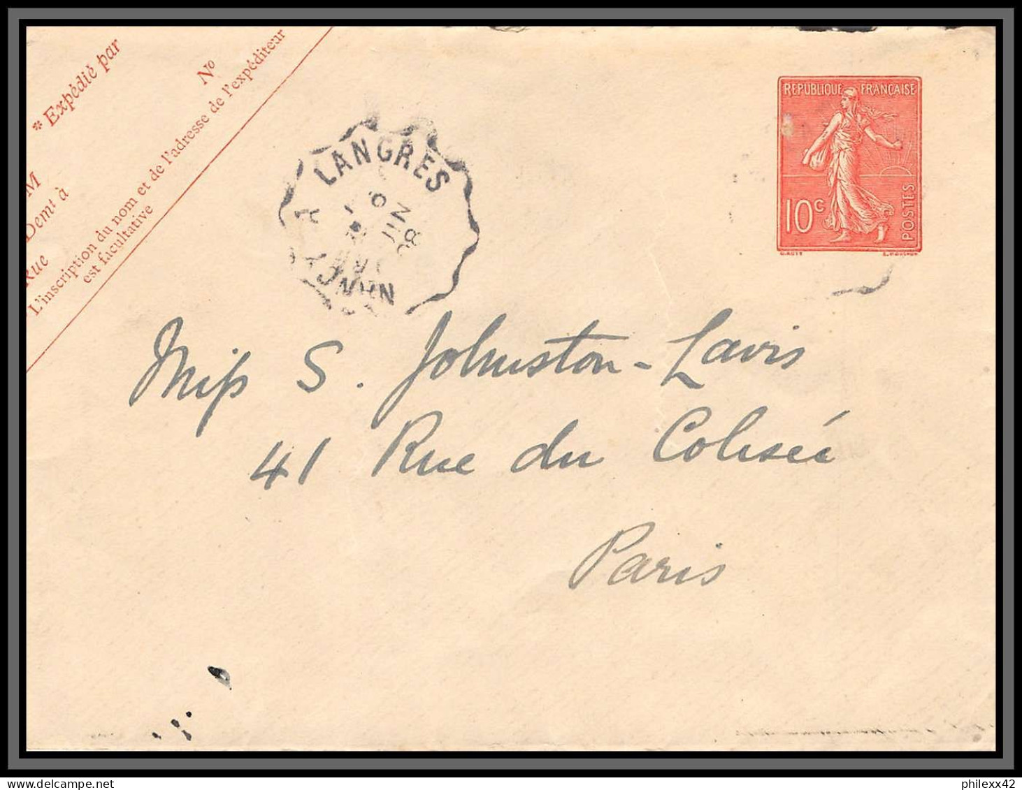 75009 10c Lignée SEL A9 Convoyeur Nancy Langres 1908 Semeuse Entier Postal Stationery Enveloppe France - Standard Covers & Stamped On Demand (before 1995)