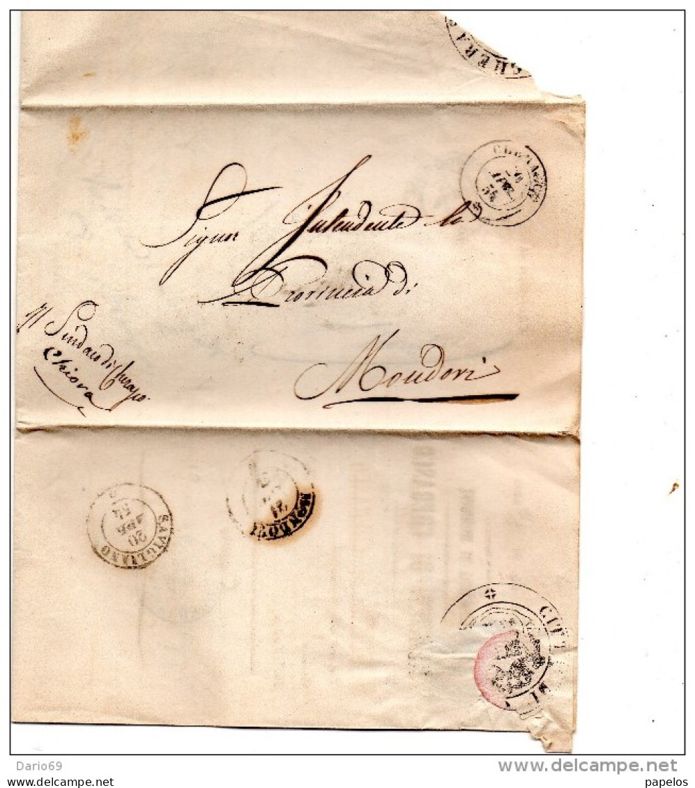 1854  LETTERA CON ANNULLO  MONDOVI CUNEO + SAVIGLIANO - 1. ...-1850 Vorphilatelie