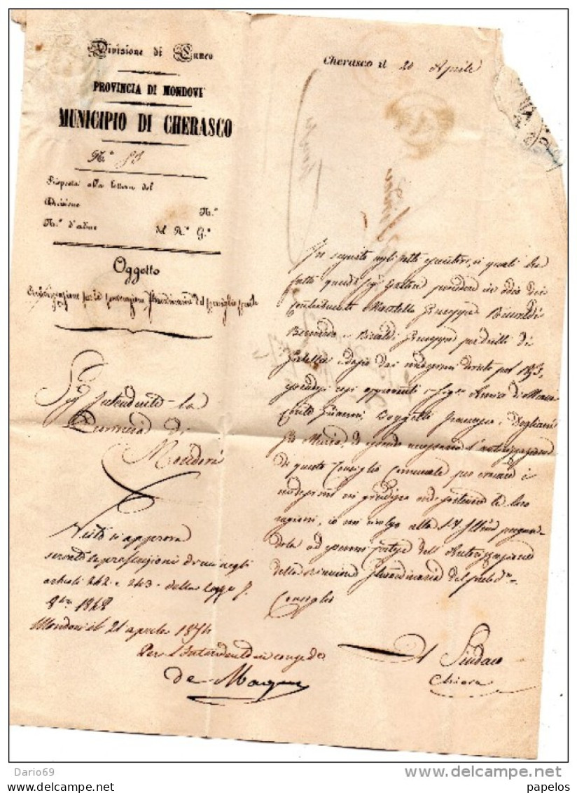 1854  LETTERA CON ANNULLO  MONDOVI CUNEO + SAVIGLIANO - 1. ...-1850 Vorphilatelie