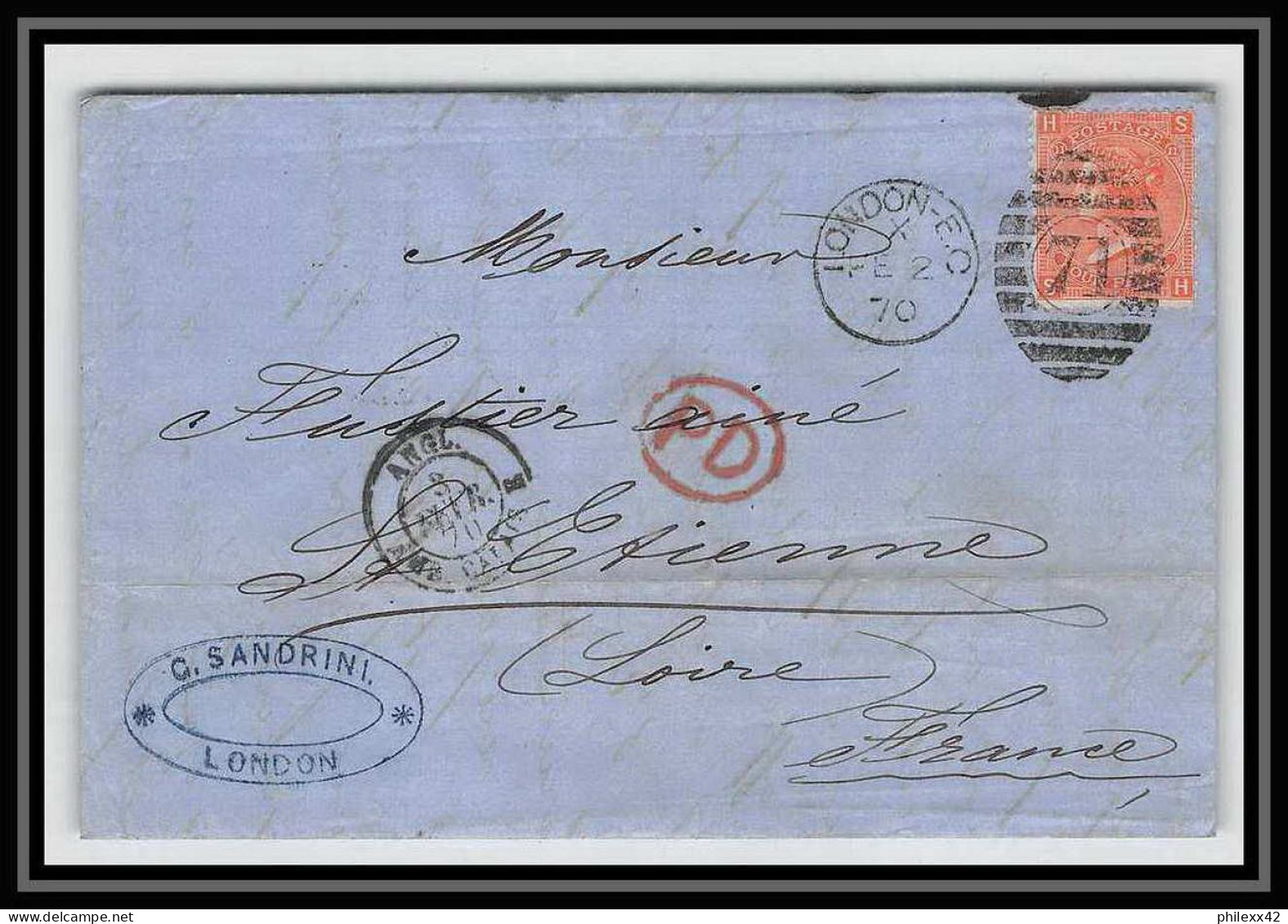 35694 N°32 Victoria 4p Red London St Etienne France 1870 Cachet 71 Lettre Cover Grande Bretagne England - Lettres & Documents