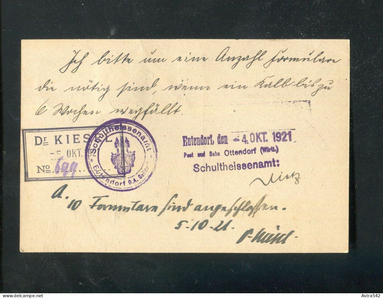 "DEUTSCHES REICH" 1922, Dienst-Postkarte Fuer Wuerttemberg Mi. DP 12/01 Mit Zusatzfrankatur K1 "OTTENDORF" (A1128) - Cartes Postales