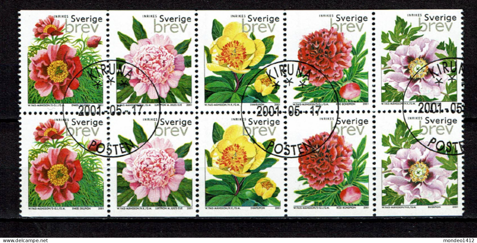 Sweden 2001 - Peony Roses, Pfingstrosen, Pioenen - Used - Gebruikt