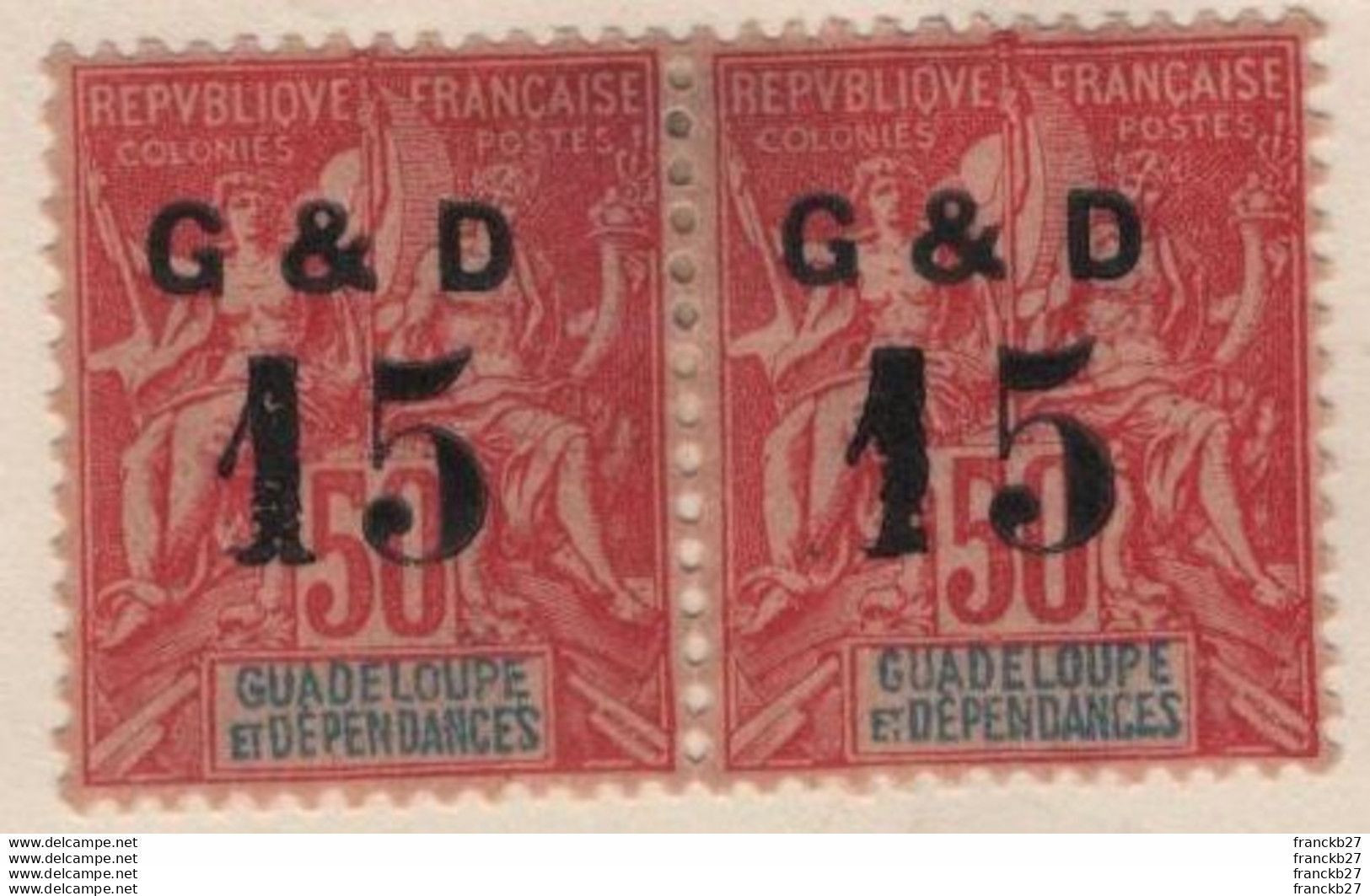 Guadeloupe - Bloc De 2 Timbres Guadeloupe Et Dépendances Mouchon 50 C Surcharge 15 - Ungebraucht