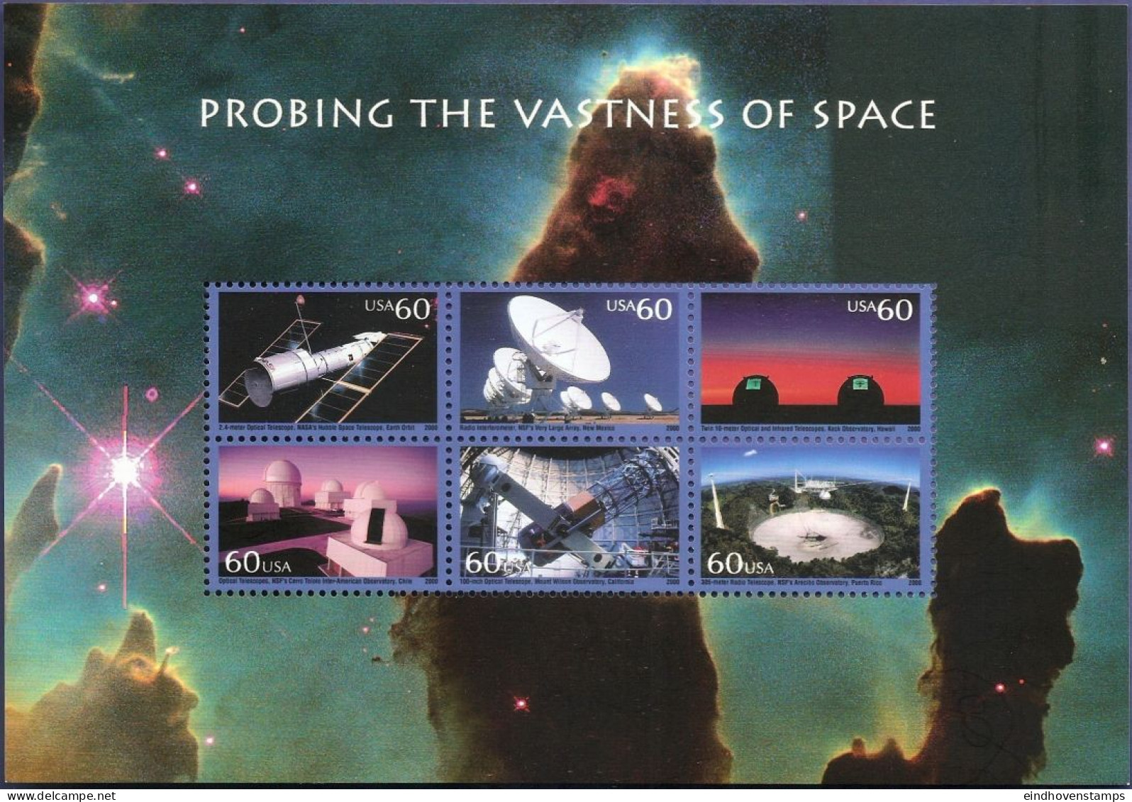 USA 2000 Outer-space Research Block MNH Hubble-telescope Observatory Interferometer Aceribo Cerro-Tololo Mnt Wilson - Etats-Unis