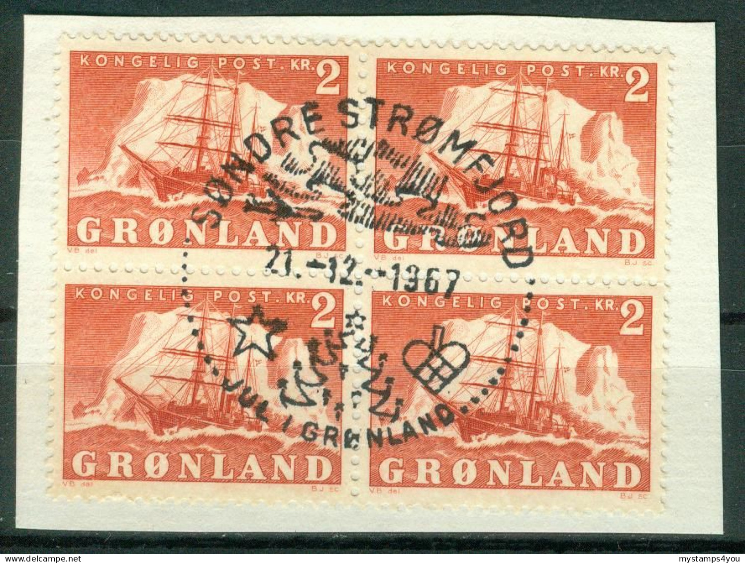 Bm Greenland 1950 MiNr 36 Block Of 4 Used | Polar Ship "Gustav Holm" (Søndre Strømfjord "Jul I Grønland") #5-02-06 - Used Stamps