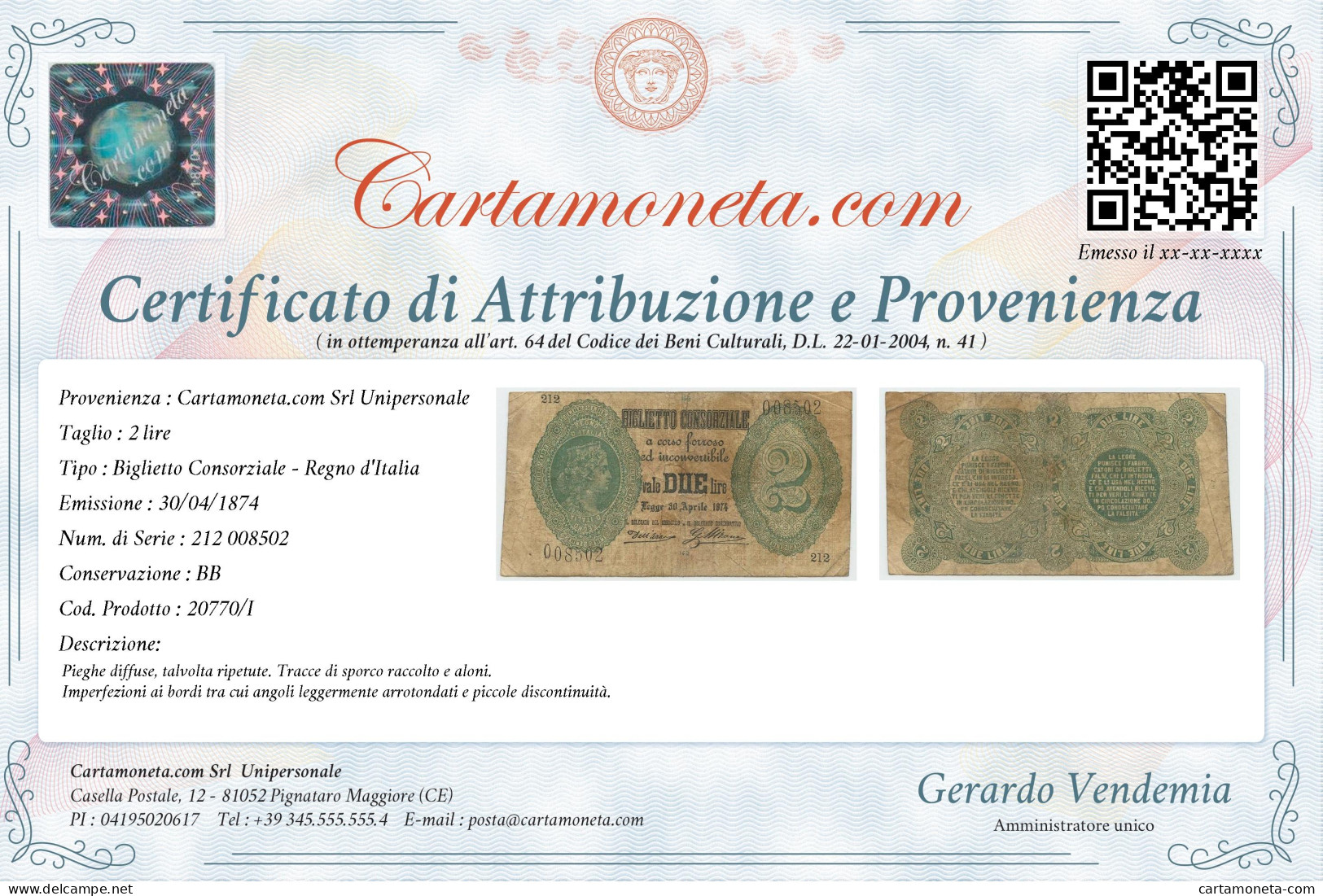 2 LIRE BIGLIETTO CONSORZIALE REGNO D'ITALIA 30/04/1874 BB - Biglietti Consorziale