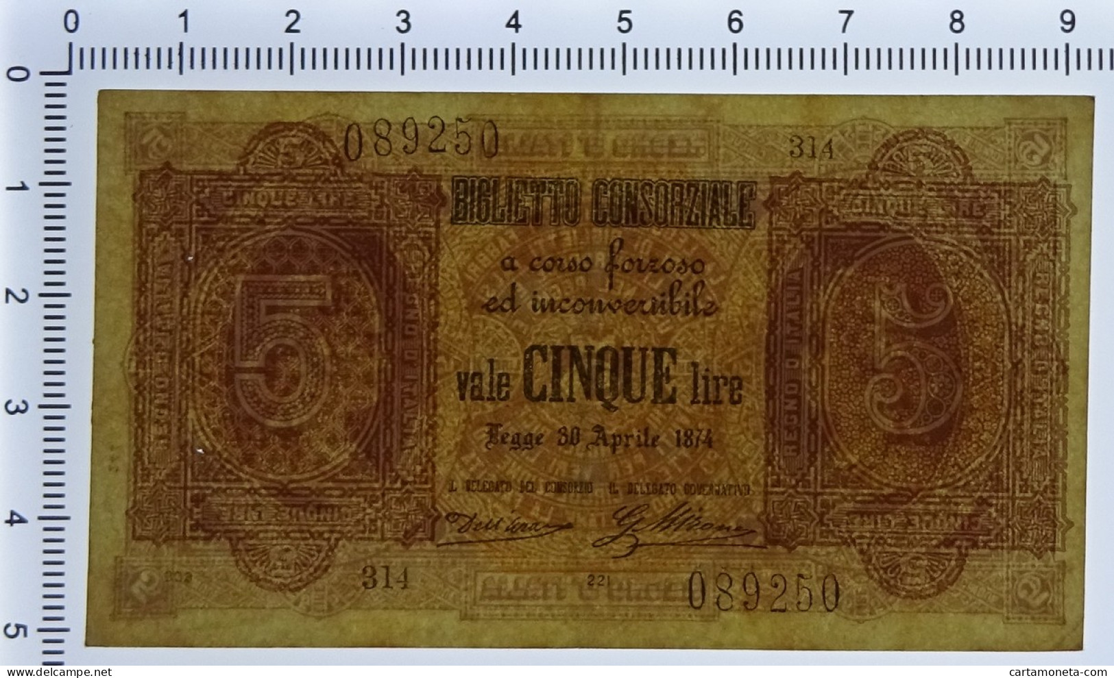 5 LIRE BIGLIETTO CONSORZIALE REGNO D'ITALIA 30/04/1874 BB/SPL - Biglietti Consorziale