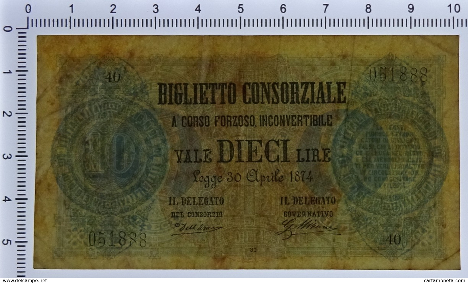 10 LIRE BIGLIETTO CONSORZIALE REGNO D'ITALIA 30/04/1874 BB+ - Biglietto Consorziale