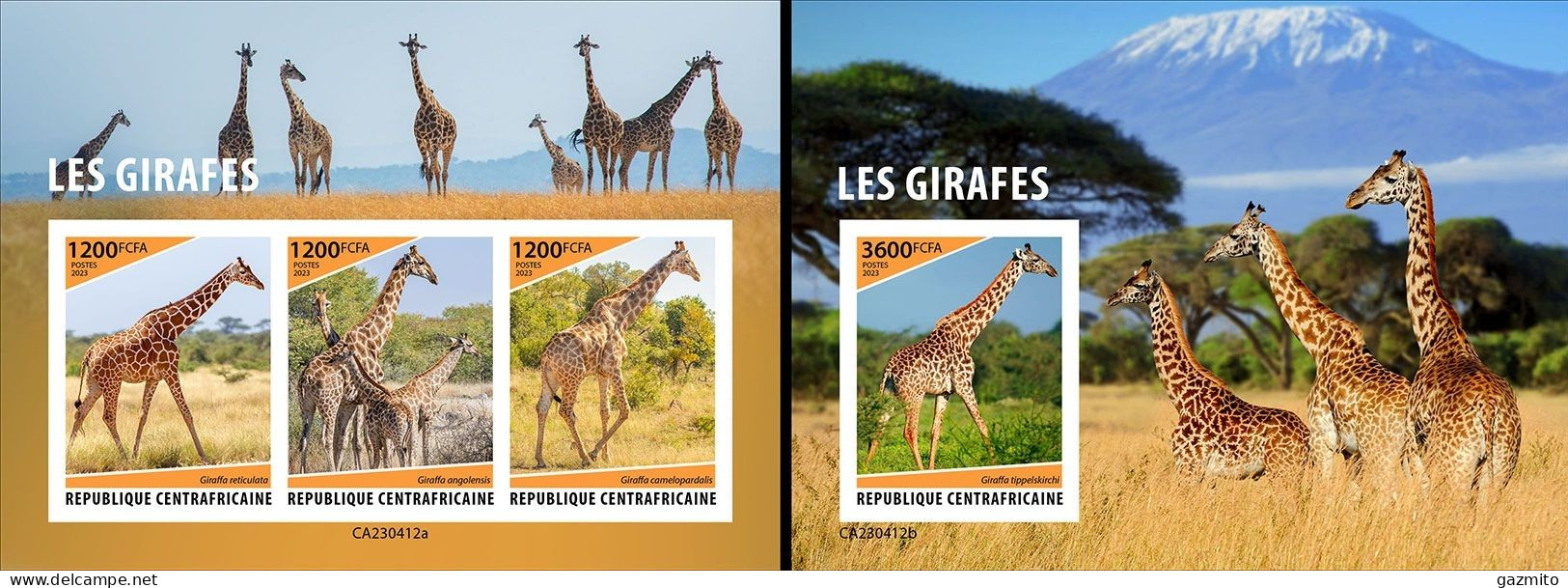 Centrafrica 2023, Animals, Giraffes, 3val In BF+BF IMPERFORATED - Girafes