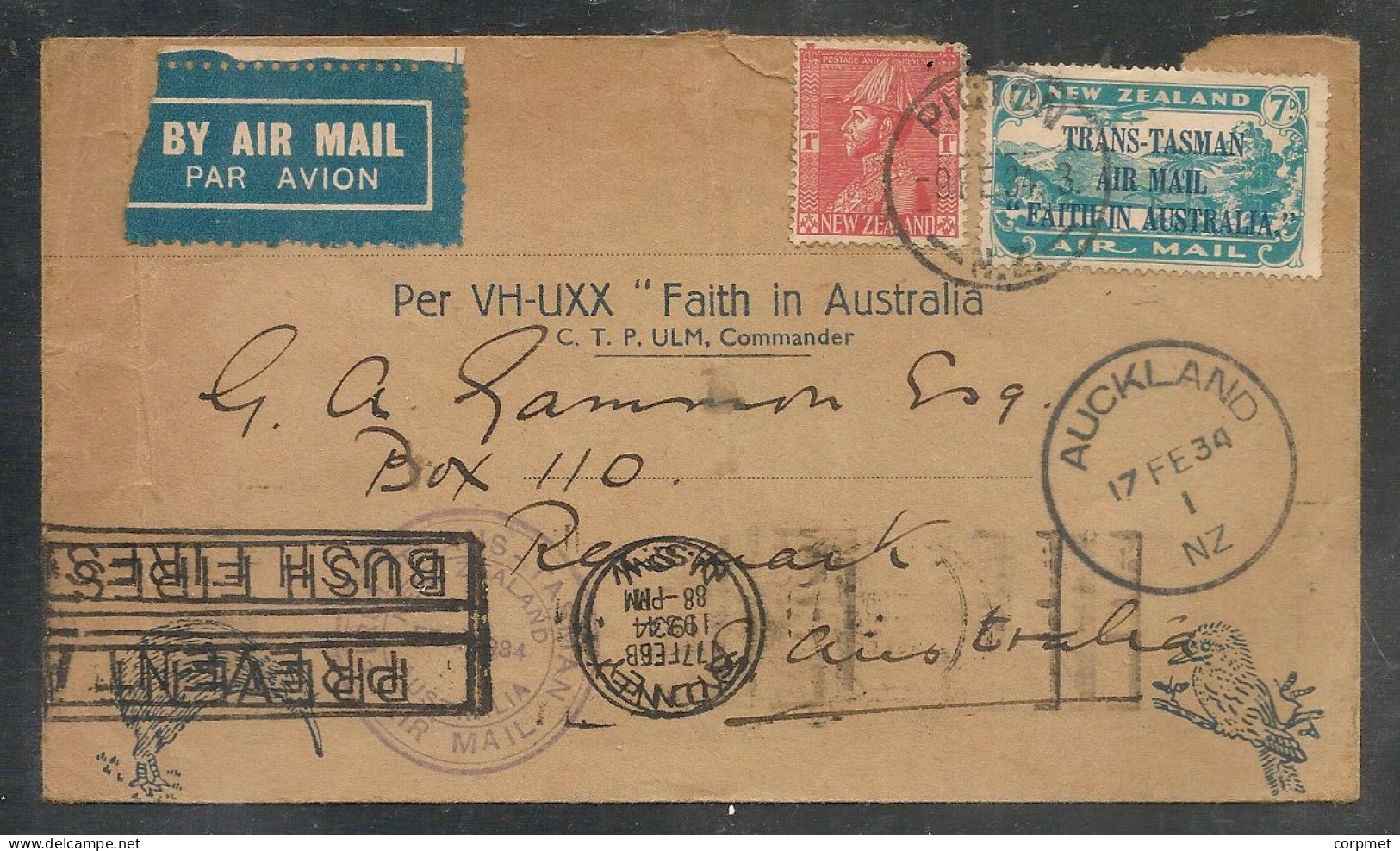 - NEW ZEALAND 17 Feb 1934 PICTON To AUKLAND-Sydney Return Trans Tasman Flight VH-UXX Faith In Australia -special Cachet - Airmail
