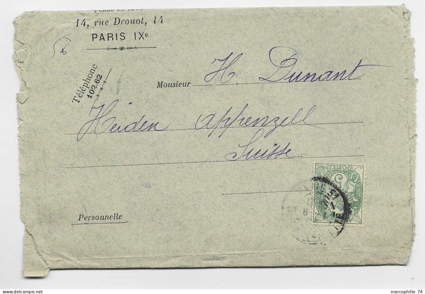 FRANCE LETTRE COVER PARIS 1902 ADRESSEE HENRI DUNANT HEIDEN SUISSE HELVETIA  RED CROSS CROIX ROUGE RARE +++++++ - Croix Rouge